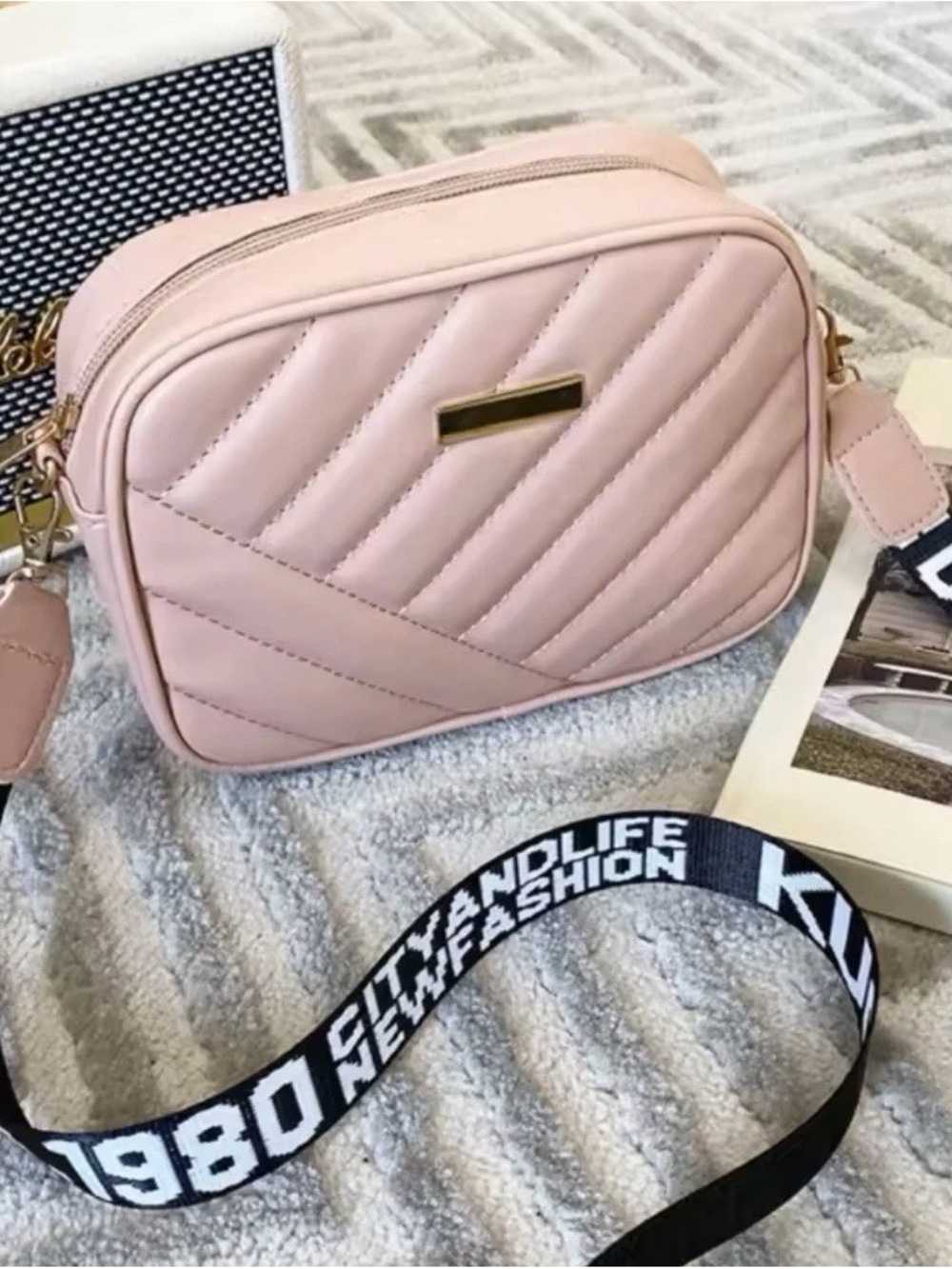 Chic Quilted Crossbody Bag in Light Pink with Logo Plaque